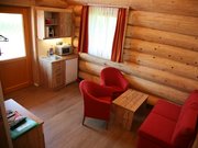 Wohnzimmer mit Tischen, Sofa, zwei Sesseln, und einer Küchenecke mit Mikrowelle und Waschbecken